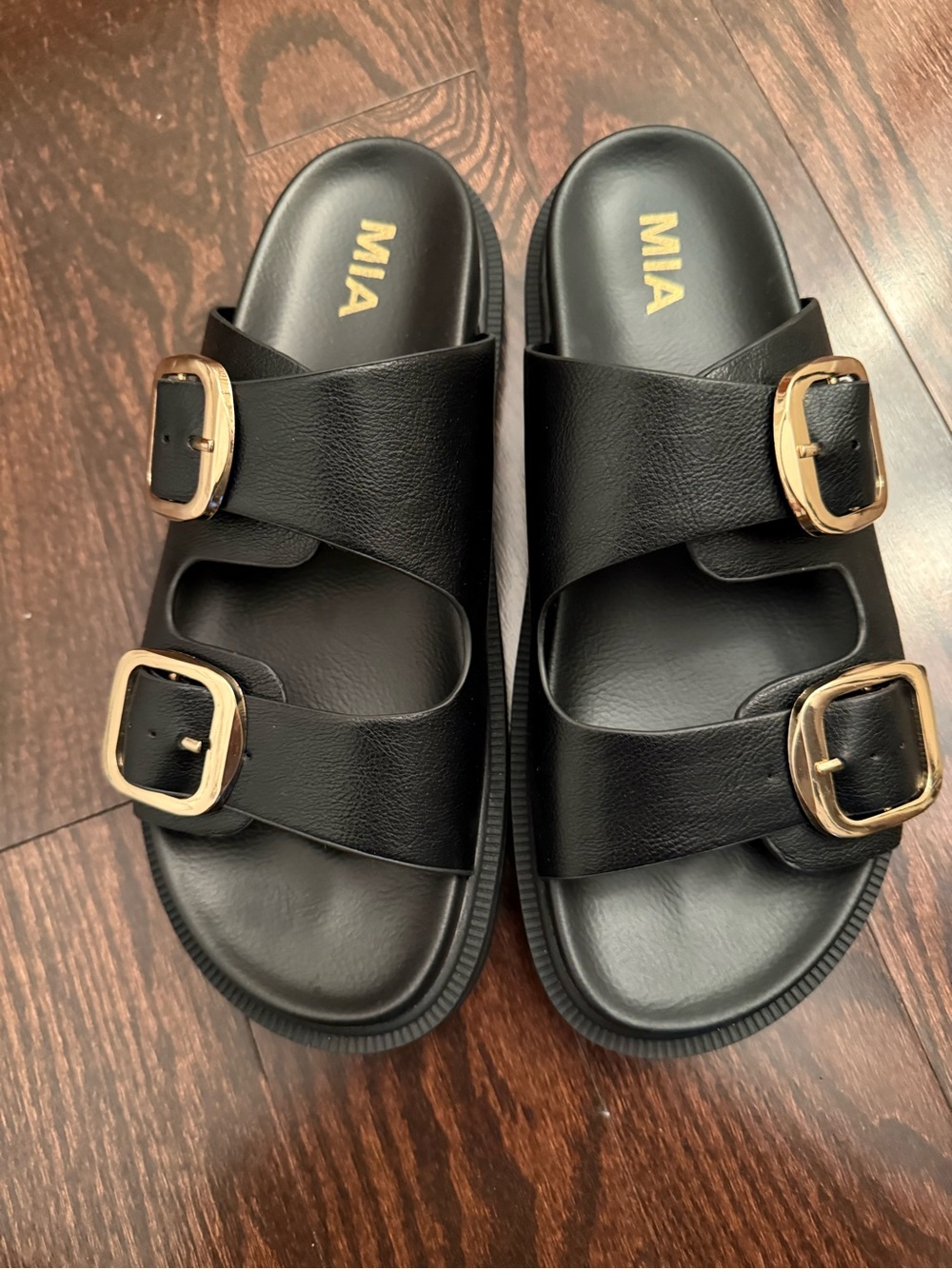 MIA Black Double Buckle Slide Sandals – Size 10